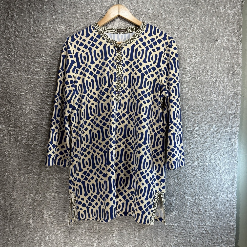 J.McLaughlin Catalina Cloth Geometric Print Tunic Top XL Preppy Coastal Henley